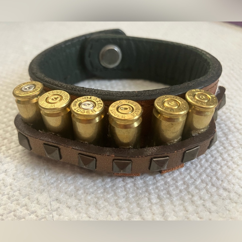 Dark Brown Leather Bracelet with Brass Bullet Accents Handmade